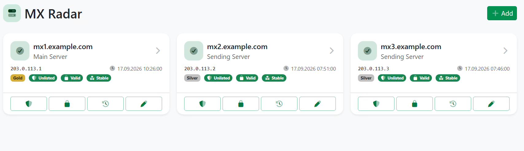 MX Radar dashboard showing three monitored mail servers with their tier, blacklist and certificate status