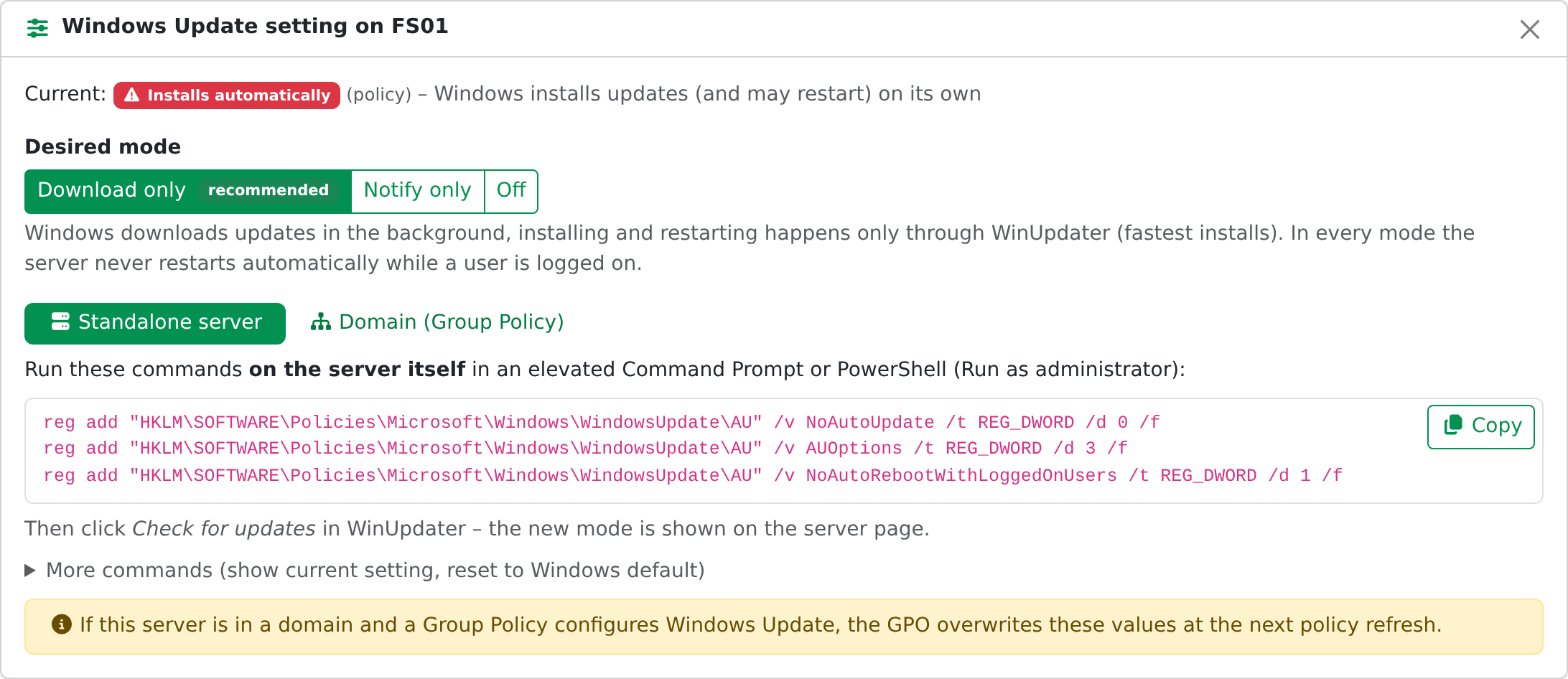 Windows Update policy help - current setting, registry commands and a Group Policy tab